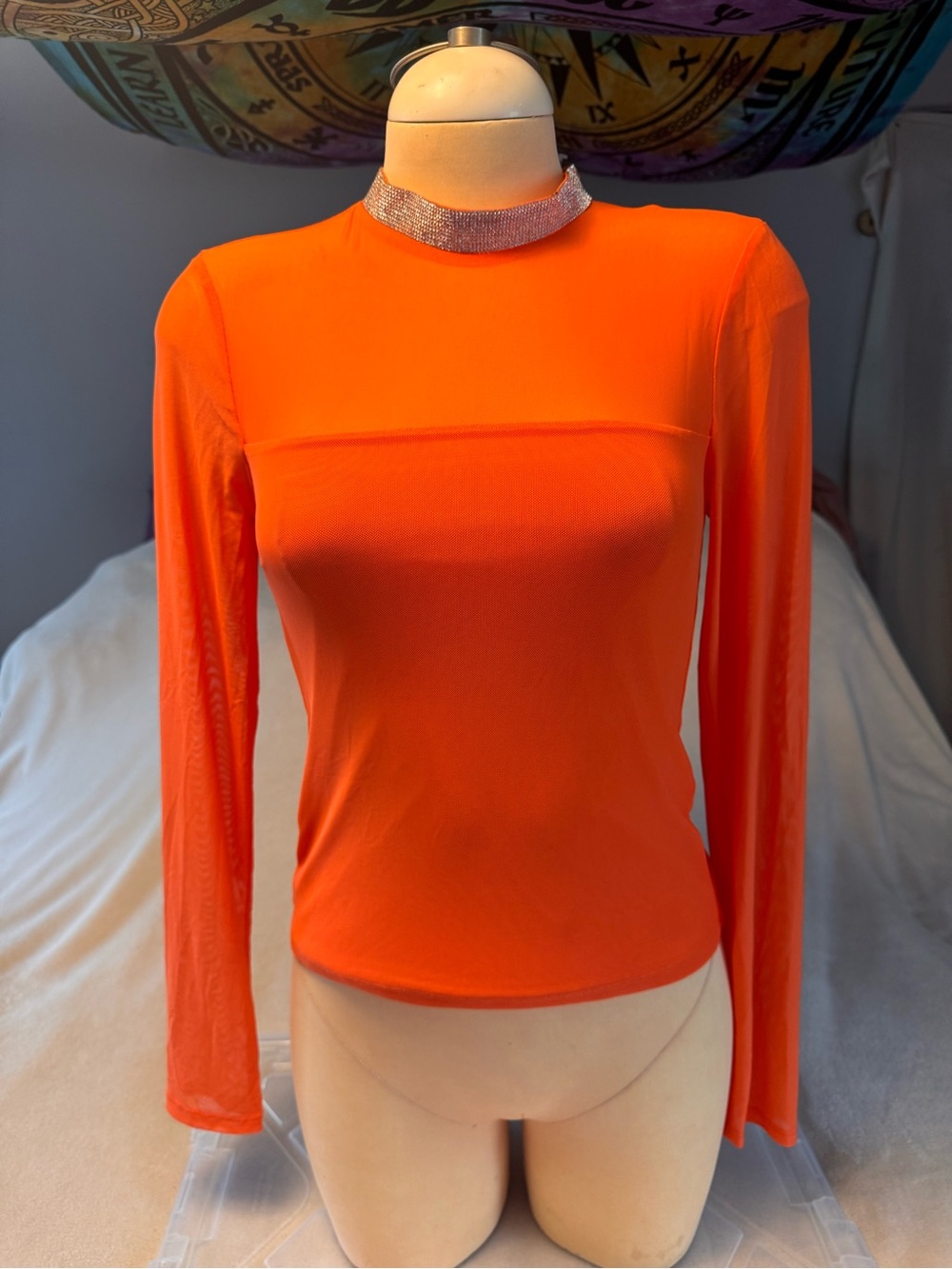 NWT Women's Orange Long-Sleeve Mock Neck Top with Rhinestone Collar
